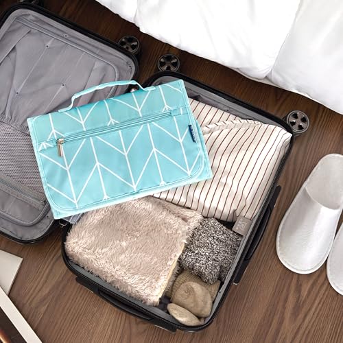 PAVILIA Hanging Toiletry Bag for Women Men, Large Foldable Toiletries Organizer with Hook, Water-Resistant Makeup Cosmetic Rollup Case, Clear Pockets for Bathroom, Gym, Cruise (Teal Chevron) - color: Teal Chevron