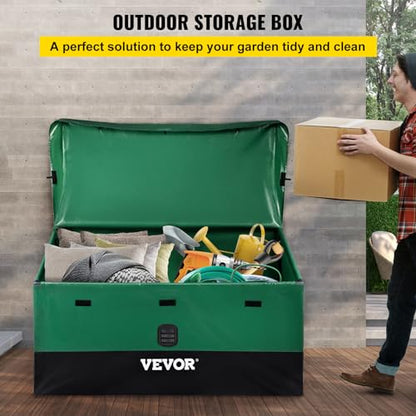 VEVOR Outdoor Storage Box, 100 Gallon Waterproof PE Tarpaulin Deck Box w/Galvanized Frame, All-Weather Protection & Portable, for Camping, Garden, Poolside, and Yard, Black & Green