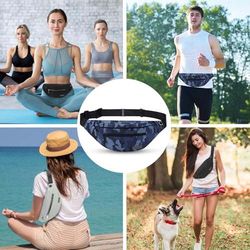 MAXTOP Large Crossbody Fanny Pack with 4-Zipper Pockets,Gifts for Enjoy Sports Festival Workout Traveling Running Casual Hands-Free Wallets Waist Pack Phone Bag Carrying All Phones - color: Camo Gray Blue, style: Large Fanny Pack(4 Zipper Pockets)