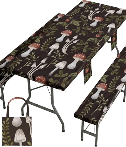 Picnic Table Cover with Bench Covers Waterproof Elastic Rectangle Furniture Fitted Table Cloth Tablecloth Glamping Camp Camper Camping Essentials Outdoor Road Trip Rv Car Travel Vacation Canping Gear - color: Black Green Mushrooms, size: 72in
