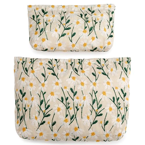 2 Pcs Makeup Bags, Large Cosmetic Bag Travel Toiletry Bag Organizer for Women, Embroidery Craft, Floral Makeup Bag Small Cosmetic Pouch Purse with Zipper Gifts for Girls Teen - color: 0A-Daisy