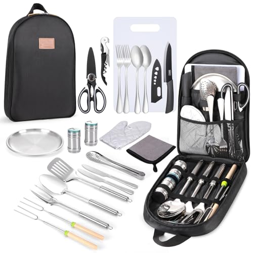 Portable Camping Kitchen Utensil Set-27 Piece Cookware Kit, Stainless Steel Outdoor Cooking and Grilling Utensil Organizer Travel Set Perfect for Travel, Picnics, RVs, Camping, BBQs, Parties and More - color: Back-No shoulder strap
