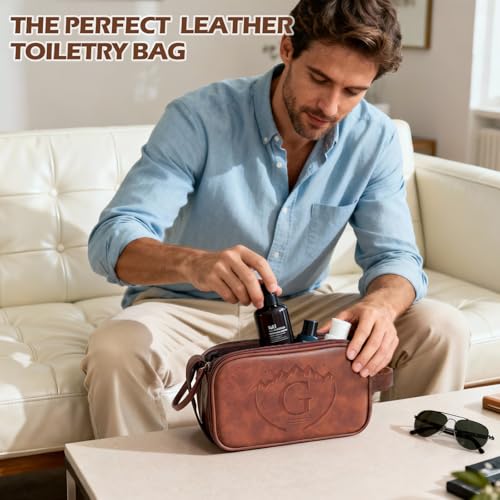 Personalized PU Leather Toiletry Bag for Men, Engraved Initials Waterproof Toiletry Travel Bag, Large Capacity Portable Shaving Bag Travel Essential, Unique Birthday Gift for Men Dad Husband Him,G - style: G