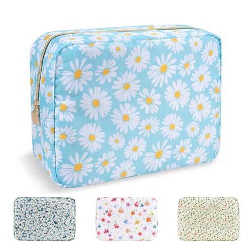 UIXIZQ Waterproof Large Floral Makeup Pouch,Nylon Travel Toiletry Storage Purse Preppy Cosmetic Bag for Women Girl,Large Capacity Makeup Organizer Zipper Pouch for Work(L Blue-Daisy) - color: Blue-Daisy, size: Large