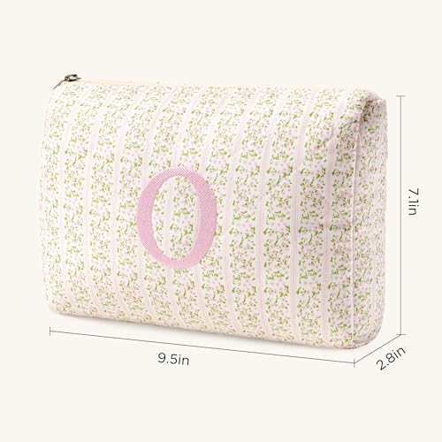 HBselect Initial Quilted Makeup Bag, Pink Cosmetic Travel Toiletry Bag, Flowers Coquette Zipper Make Up Pouch Organizer Teen Girl Gift Trendy Stuff O - color: 1Pc Medium Pinkflower, style: O