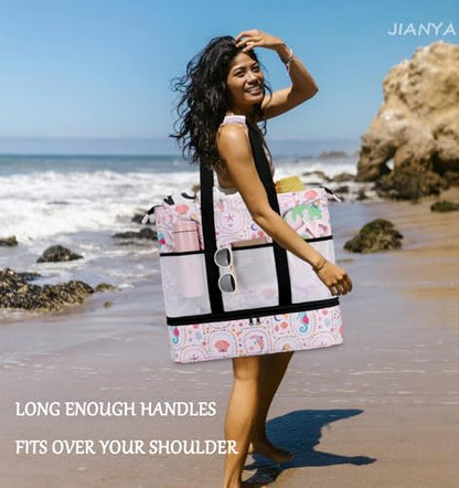 JIANYA Beach Bag Women Waterproof Sandproof Beach Tote Bags with Cooler Top Zipper Large Totes for Pool Travel Daily - color: Ocean Party-pink