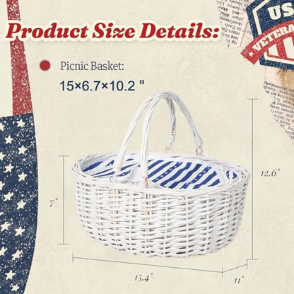 Wicker Picnic Basket with Insulated Lined Bag 15“ x 11” x 7“ Blue, White Star Stripe Pattern, Iced Beer Insulated Bag for Camping, Picnics, Birthday Gifts, Wedding Gifts - color: Blue and White Star Stripes