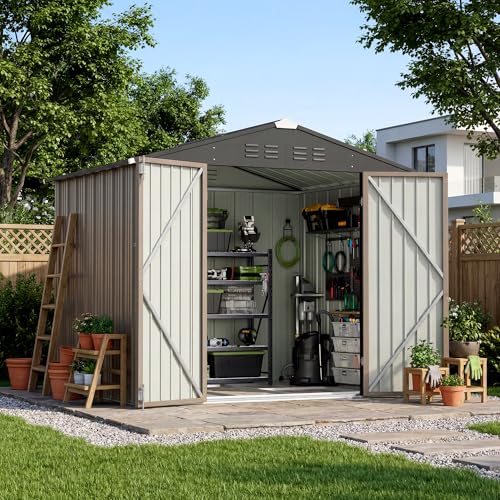 Devoko 8 x 6 FT Storage Sheds with Floor Frame, Waterproof Garden Tool Shed with Lockable Door, Outdoor Metal Utility Shed for Backyard Patio Lawn, Brown - color: Brown, size: 8x6 FT with Floor Frame