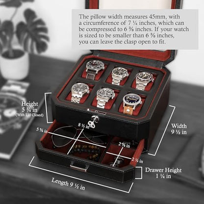 ROTHWELL 6 Slot Leather Watch Box with Valet Drawer - Luxury Watch Case Display Organizer, Microsuede Liner, Locking Mens Jewelry Watches Holder, Men's Storage Boxes Holder Large Glass Top (Black/Red) - color: 6 Slot - Black / Red