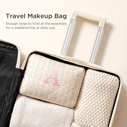 HBselect Initial Quilted Makeup Bag, Pink Cosmetic Travel Toiletry Bag, Flowers Coquette Zipper Make Up Pouch Organizer Teen Girl Gift Trendy Stuff N - color: 1Pc Medium Pinkflower, style: N