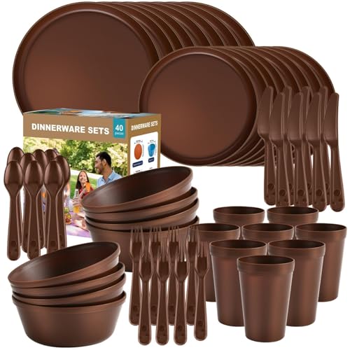 40 Piece Plastic Dinnerware Set for 8 with Cutlery, Unbreakable Plates and Bowls Set, Dishwasher & Microwave Safe Reusable Dish Set for Camping, RV, Outdoor Kitchen, Apartment Dining, Brown - color: Brown