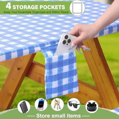 Fitted Picnic Table Cover with Bench Covers Vinyl Waterproof Elastic Edges Fitted Rectangle Tables Patio Tablecloth Camping Gear and Essentials Rv Accessories Road Trip Supplies Car Travel Must Haves - color: Blue Grid, size: 72in
