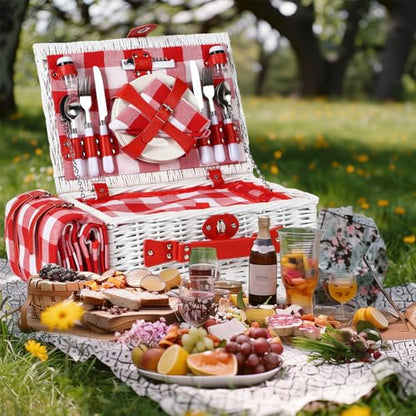 Picnic Baskets Wicker Willow Picnic Set for 4 Persons with Insulated Cooler Bag and Waterproof White Red Picnic Blanket Gift for Christmas Thanksgiving Wedding Birthday Camp Outdoor Beach Travel - color: White & Red
