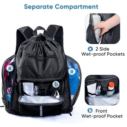 Large Beach Backpack Waterproof Sandproof - Customized Oversized Drawstring Pool Bag with Shoe Compartment for Toiletries, Towels, Gym, Travel - color: Black