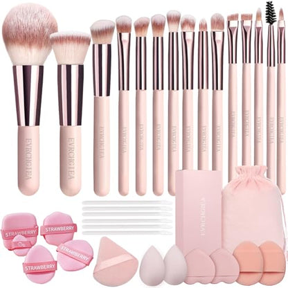 15pcs Travel Makeup Brushes Foundation Powder Concealers Eye Shadows Travel Mini Makeup Brush Set with 12pcs Puff, Sponge and Bag (pink)