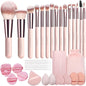 15pcs Travel Makeup Brushes Foundation Powder Concealers Eye Shadows Travel Mini Makeup Brush Set with 12pcs Puff, Sponge and Bag (pink)