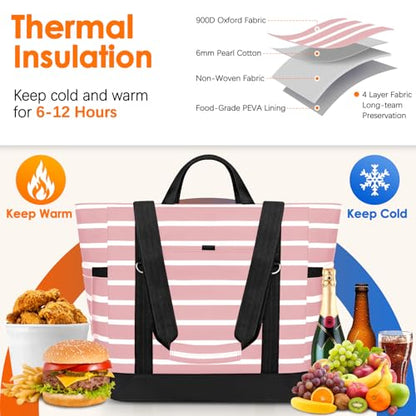 Cooler Bag Insulated, Soft Side Cooler, Reusable Grocery Bags with Zipper Closure, Thermal Leakproof Large Insulated Tote Bag for Hot/Cold Food for Grocery, Beach, Travel, Picnic - color: Pink and White