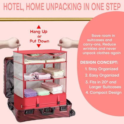 Compressible Packing Cubes Portable Hanging Closet Shelves 17"x12"x24" Extendable Travel Organizer Nylon Packing Bags for Suitcase - color: Red