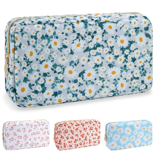 Nylon Small Floral Makeup Bag for Purse, Cute Preppy Makeup Bag Flower Cosmetic Zipper Pouch Purse, Waterproof Portable Travel Toiletry Makeup Brush Coin Pouch Organizer Storage for Women(Green-Daisy) - color: Green-Daisy, size: Small