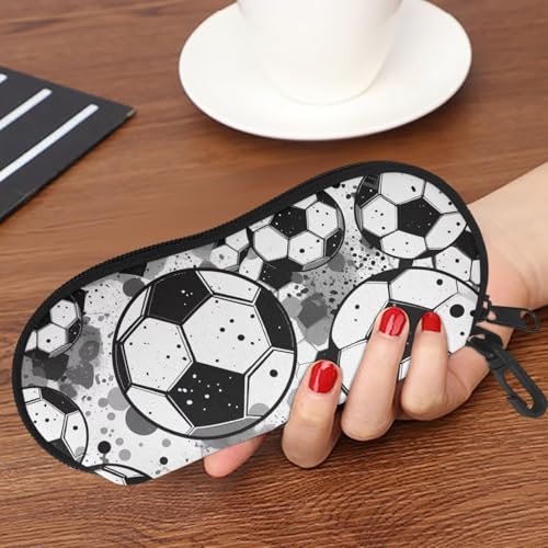 AFPANQZ Glasses Case with Carabiner Hanging Portable Neoprene Zipper Sunglasses Case Soft Lightweight - color: Black White Football