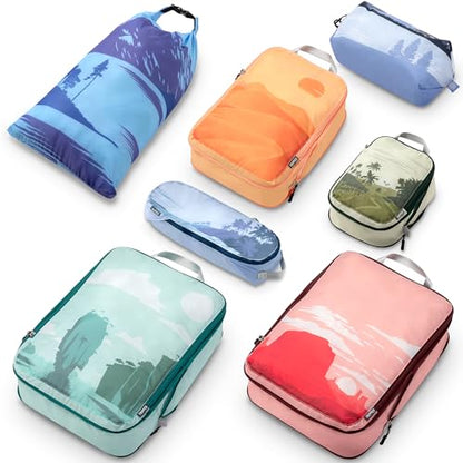 Large Compression Packing Cubes for Travel-Packing Cube Luggage Organizers 7 Piece Set for Checked Luggage-Ultralight, Expandable/Compression Bags by TRIPPED Travel Gear (Getaways) - color: Getaways