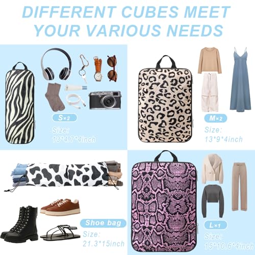 Travel Animal Skin Print Compression Packing Cubes Set - Slim-Fold Packing Organizers -Travel Essential Bag for Clothes Shoes Cosmetics Toiletry 7 Piece - color: Black-10