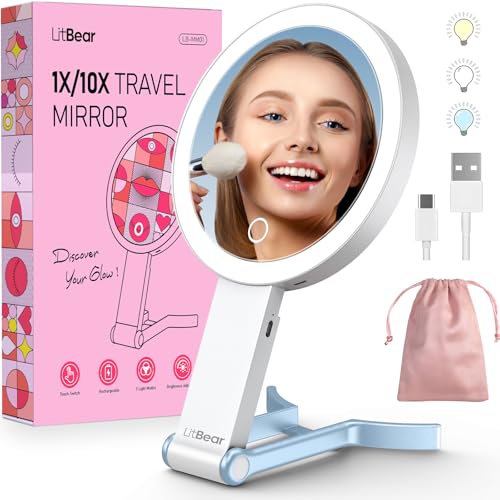 LitBear Travel Makeup Mirror with Lights, Rechargeable Double-Sided 10X/1X Magnifying Mirror, Portable Lighted Beauty Mirrors, 3 Color Lighting, Dimmable Touch Screen, Tabletop Handhold Hanging (Blue) - color: White Blue