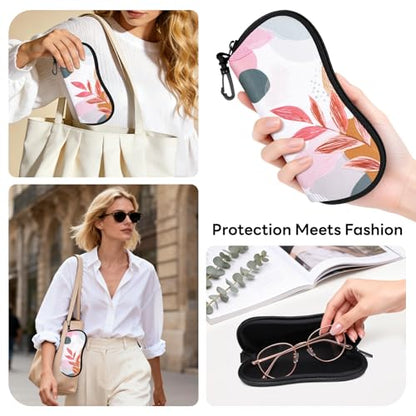 Sunglasses Case with Belt Clip, Ultra Light Neoprene Zipper Soft Padded Glasses Case for Women Men - color: Boho Leaves