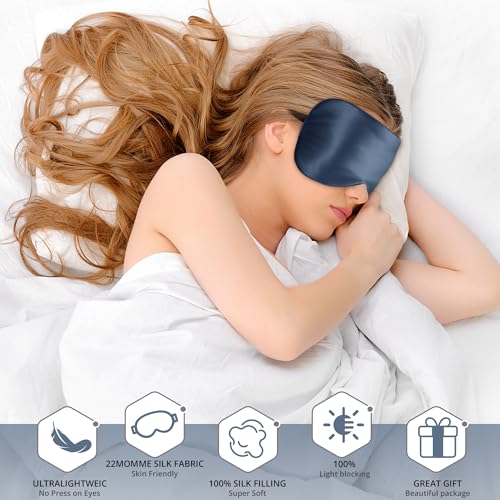 Silk Sleep Mask 100% 22 Momme Mulberry, Sleep Eye Mask for Women Men, Blackout Blindfold with Adjustable Strap, Side Sleeper Eye Cover, Soft Eyeshade Filled with Premium Mulberry Silk (Blue) - color: 22 Momme-blue