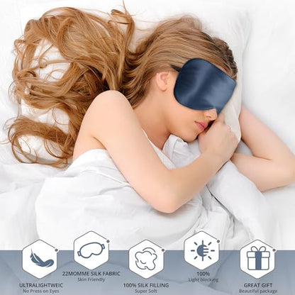 Silk Sleep Mask 100% 22 Momme Mulberry, Sleep Eye Mask for Women Men, Blackout Blindfold with Adjustable Strap, Side Sleeper Eye Cover, Soft Eyeshade Filled with Premium Mulberry Silk (Blue) - color: 22 Momme-blue