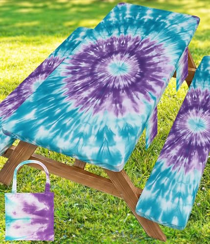 Picnic Table Cover with Bench Covers Waterproof Elastic Rectangle Tablecloth Camping Essentials Supplies Rv Car Travel Must Haves Gear Accessories Fitted Table Cloth Outdoor Road Trip Camper Gifts 6ft - color: Blue purple tie-dye, size: 72in