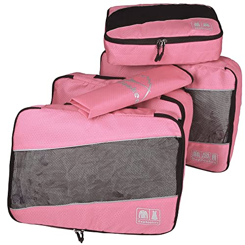 5 Set Packing Cubes for Travel Large Suitcase Luggage Organizer Bags Travel Accessories Vacation 4 Cubes 1 Laundry Pouch Bag - color: Pink