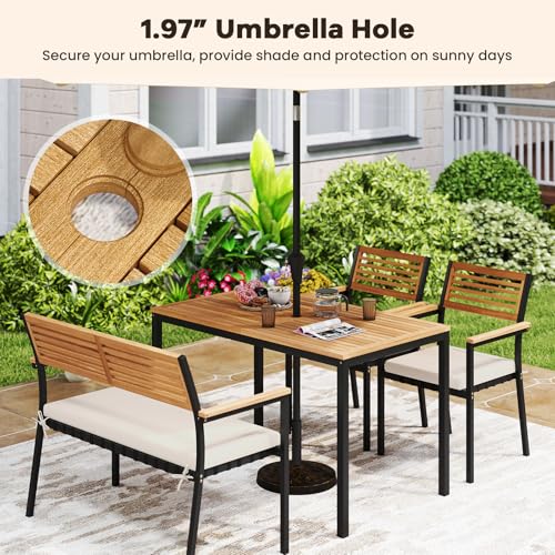 HAPPYGRILL 4-Piece Patio Dining Set, Outdoor Acacia Wood Metal Furniture with Rectangular Table, 2 Armchairs, 1 Loveseat, Removable Cushions, Umbrella Hole, for Poolside Backyard Garden