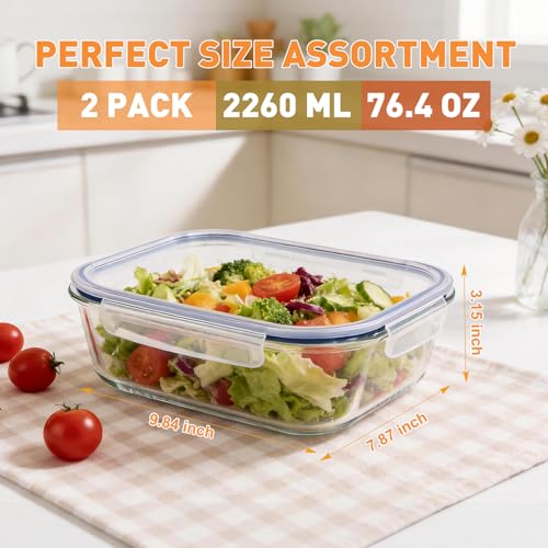 Liuruiyu 2 Pack 2260ml/76.4oz Glass Food Storage Containers with Lids, Meal Prep Containers, Airtight Bento Boxes with Leak Proof Locking for Microwave, Oven, Freezer and Dishwasher, BPA Free - color: 2 Pack-76.4oz
