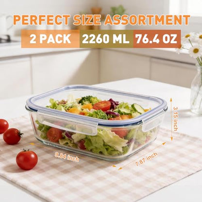 Liuruiyu 2 Pack 2260ml/76.4oz Glass Food Storage Containers with Lids, Meal Prep Containers, Airtight Bento Boxes with Leak Proof Locking for Microwave, Oven, Freezer and Dishwasher, BPA Free - color: 2 Pack-76.4oz
