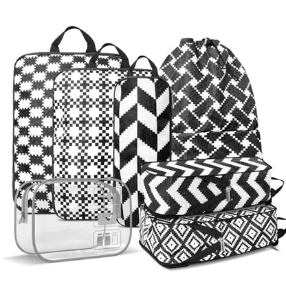 Geometrical abstract Compression Packing Set (7 Piece) - Quick-Dry Organizer Cubes Packing - Travel Essential Bag for Clothes Shoes Cosmetics Toiletry - color: Black-12