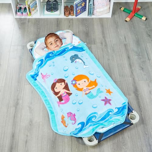 EVERYDAY KIDS Cute Preschooler and Toddler Cot Nap Mat for Home, Daycare, Preschool and Kindergarten; Easy to Roll Sleeping Mat with Elastic Straps, Pillow and Blanket - color: Mermaid Cot Nap Mat