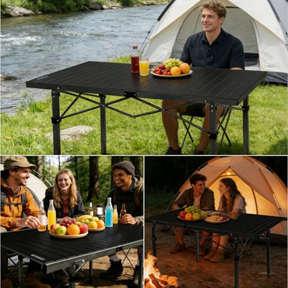 29.9" Tall Folding Camping Table for 2-6 Person, 54.7" Large Aluminum Foldable Roll-up Table Outdoor with Carry Bag for Picnic, Camp, Sturdy, Backyard, Patio - color: Black