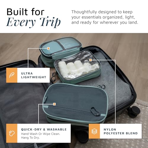Toiletry Bag Kit 3 Piece Set: Hanging Travel Toiletry Bag + 311 TSA Cosmetic Liquid Bag + Accessory Organizer Pouch - color: Dusty Teal Makeup