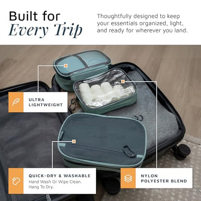 Toiletry Bag Kit 3 Piece Set: Hanging Travel Toiletry Bag + 311 TSA Cosmetic Liquid Bag + Accessory Organizer Pouch - color: Dusty Teal Makeup