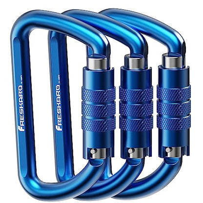 FresKaro 3inch 12kN-2698lbs Auto Locking Carabiner Clips, Solid D Shape, Heavy Duty 7075 Aluminum, Lightweight 1.09oz, Rust Proof, for Hammock, Hiking, Dog Leash, Keychain etc., Multi-Colors - color: Blue-3pcs