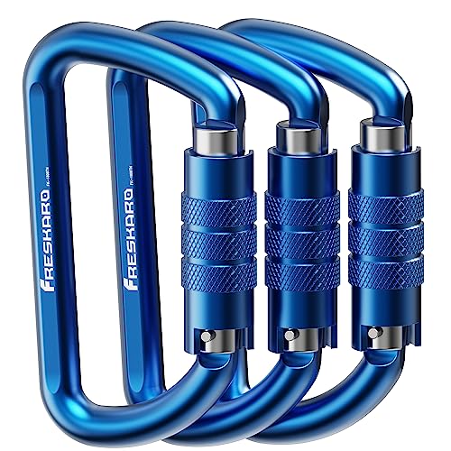 FresKaro 3inch 12kN-2698lbs Auto Locking Carabiner Clips, Solid D Shape, Heavy Duty 7075 Aluminum, Lightweight 1.09oz, Rust Proof, for Hammock, Hiking, Dog Leash, Keychain etc., Multi-Colors - color: Blue-3pcs