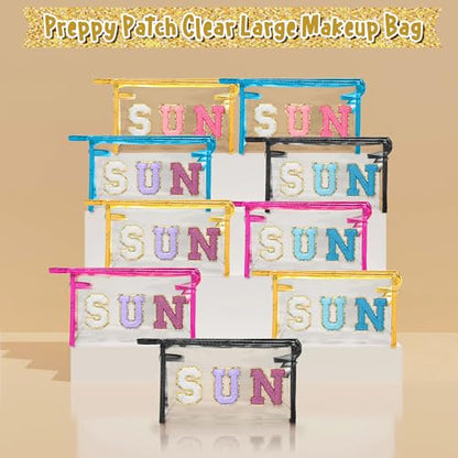 Y1tvei Clear SUN Makeup Bag - Preppy Blue SUN Chenille Varsity Letter Cosmetic Bag PVC Transparent Zipper Waterproof Beach Makeup Carry Pouch Portable Travel Toiletry Organizer for Women(Gold) - color: Blue SUN Gold