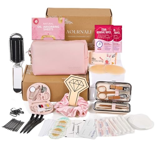 Bridal Emergency Kit for Wedding Day, Wedding Essentials Survival Set for Team Bride, Must-Have 30+ Essentials Travel Kit with Makeup Bag - color: Pink