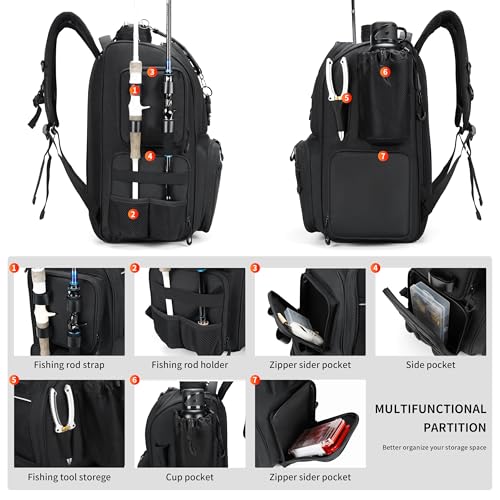Rabjen Fishing Tackle Backpack with Rod Holders, Bottle Holder, Storage Bag Store Fishing Gear - color: Black