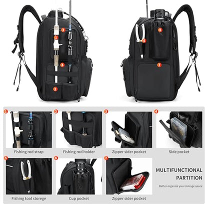 Rabjen Fishing Tackle Backpack with Rod Holders, Bottle Holder, Storage Bag Store Fishing Gear - color: Black