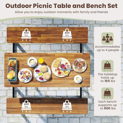 Giantex 4.5FT Picnic Table Bench Set for 4, Acacia Wood Outdoor Dining Table Set, 2" Umbrella Hole, Heavy Duty Metal Frame, Footrest Bar, Large Rectangular Tabletop for Porch Patio Lawn Garden - size: 54"×49.5"×39.5"