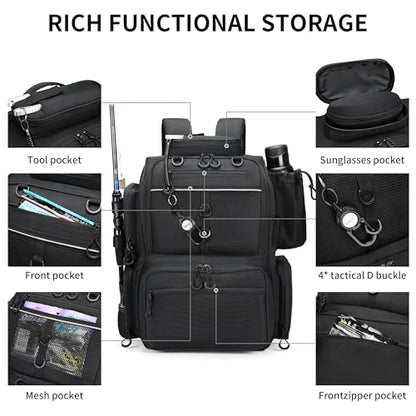 Rabjen Fishing Tackle Backpack with Rod Holders, Bottle Holder, Storage Bag Store Fishing Gear - color: Black