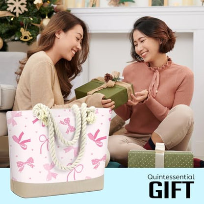 Fokongna Tote Bag For Women, Beach Bag Best Friend Travel Birthday Gifts, Travel Parties Vacation Shopping Essentials - color: Pastel Pink Bows