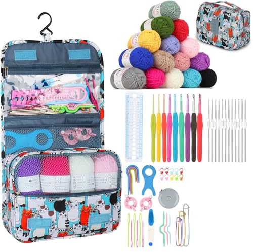 Aeelike Crochet Kit with Bag for Travel, Easy Learn to Crochet Kit for Beginners All Age,69pcs Crochet Starter Kit Include Crocheting Instruction, 21pcs Crochet Hooks,15pcs Yarn and Storage Bag - color: Blue Cat
